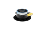 Black speaker driver with blue label, silver cap, and gold tweeter on base