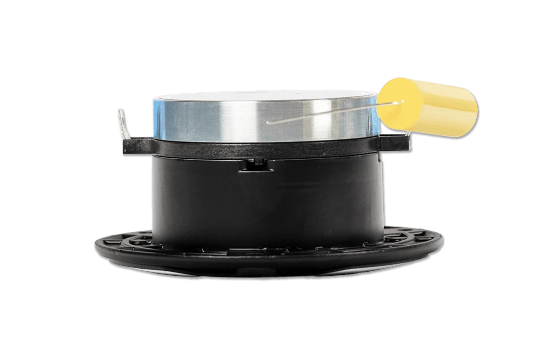 Black speaker driver with silver top and gold tweeter handle on side