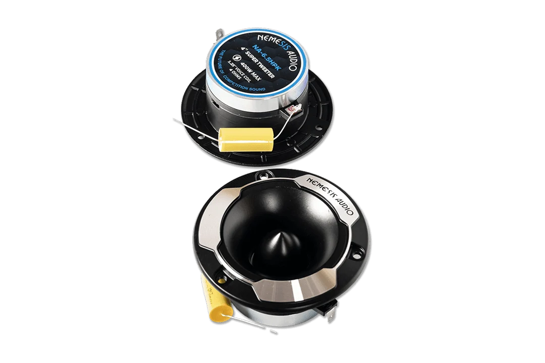 Stacked midrange and tweeter drivers with black cones and blue label discs