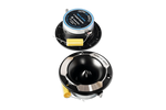 Stacked midrange and tweeter drivers with black cones and blue label discs