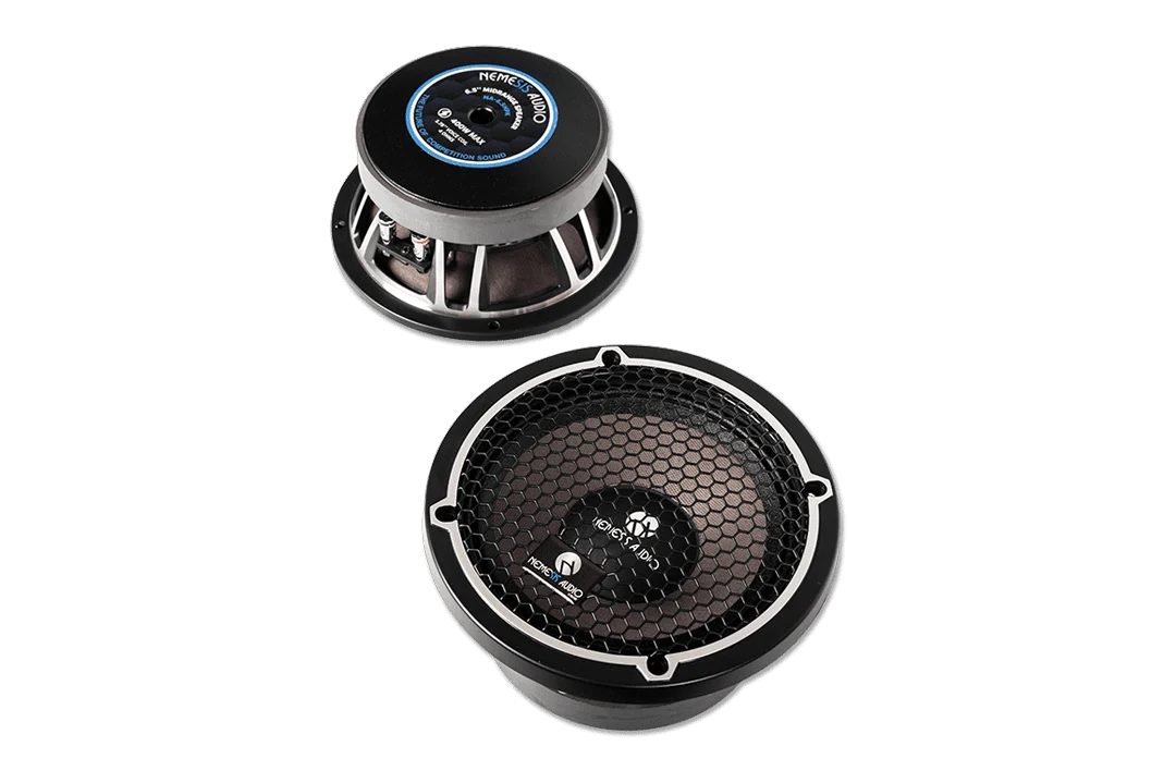 Midrange speaker and tweeter pair, both with black frames and front grilles