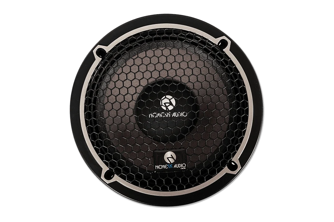 6.5-inch midrange speaker grille front with hex mesh and center branding