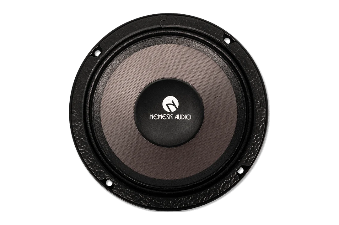 Black 6.5-inch midrange speaker driver with metal frame and center label