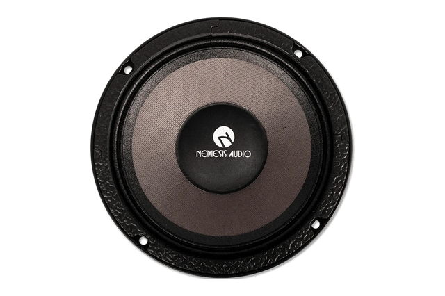 Black 6.5-inch midrange speaker driver with metal frame and center label