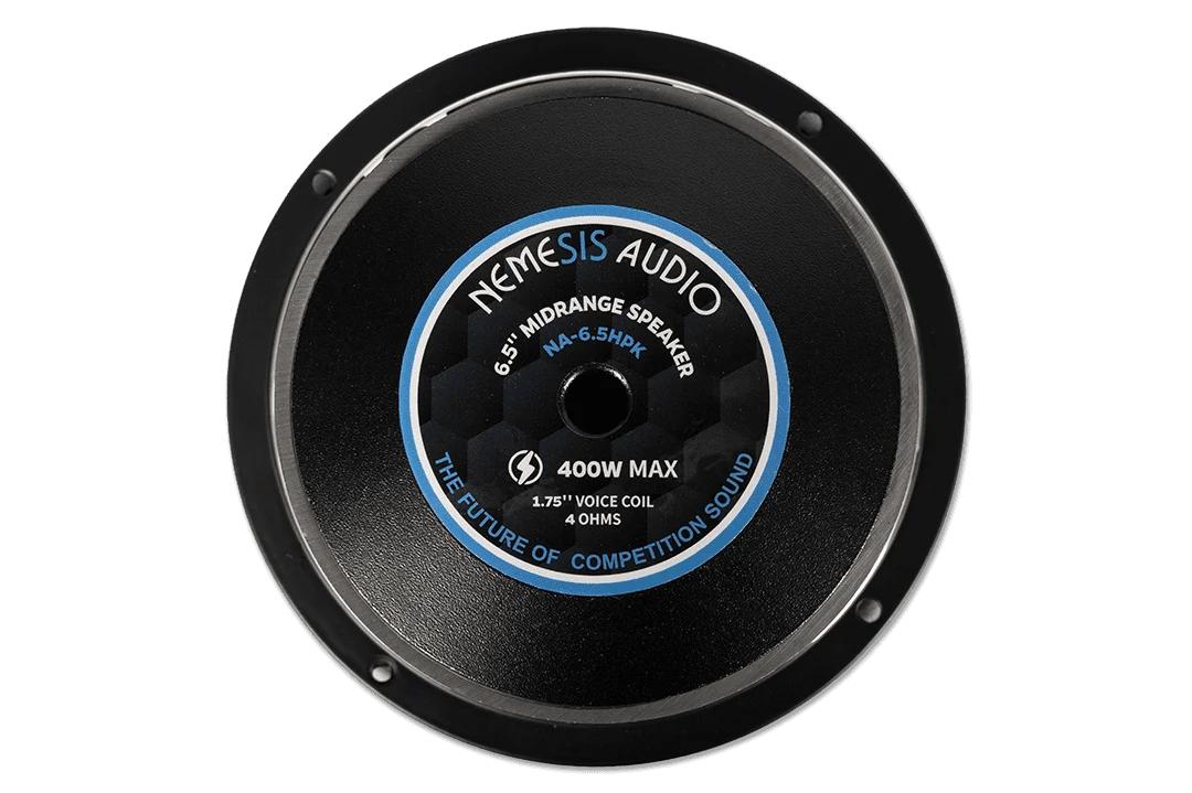 Black 6.5-inch midrange speaker back plate with blue ring label and screws