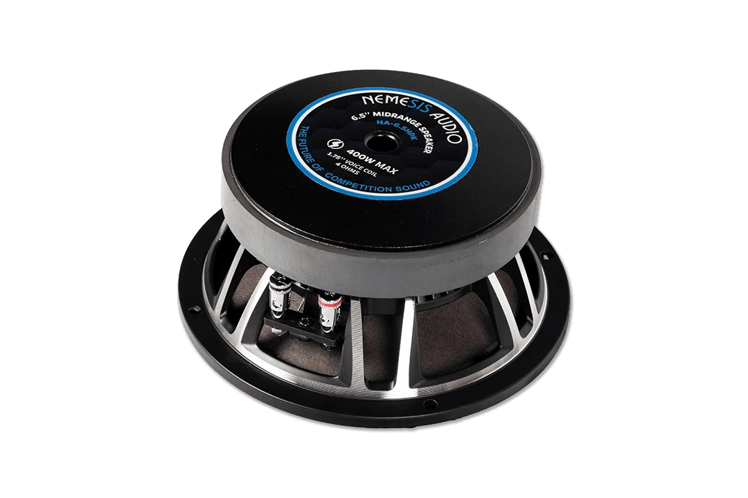 Front view of 6.5-inch midrange speaker with blue label on black cone