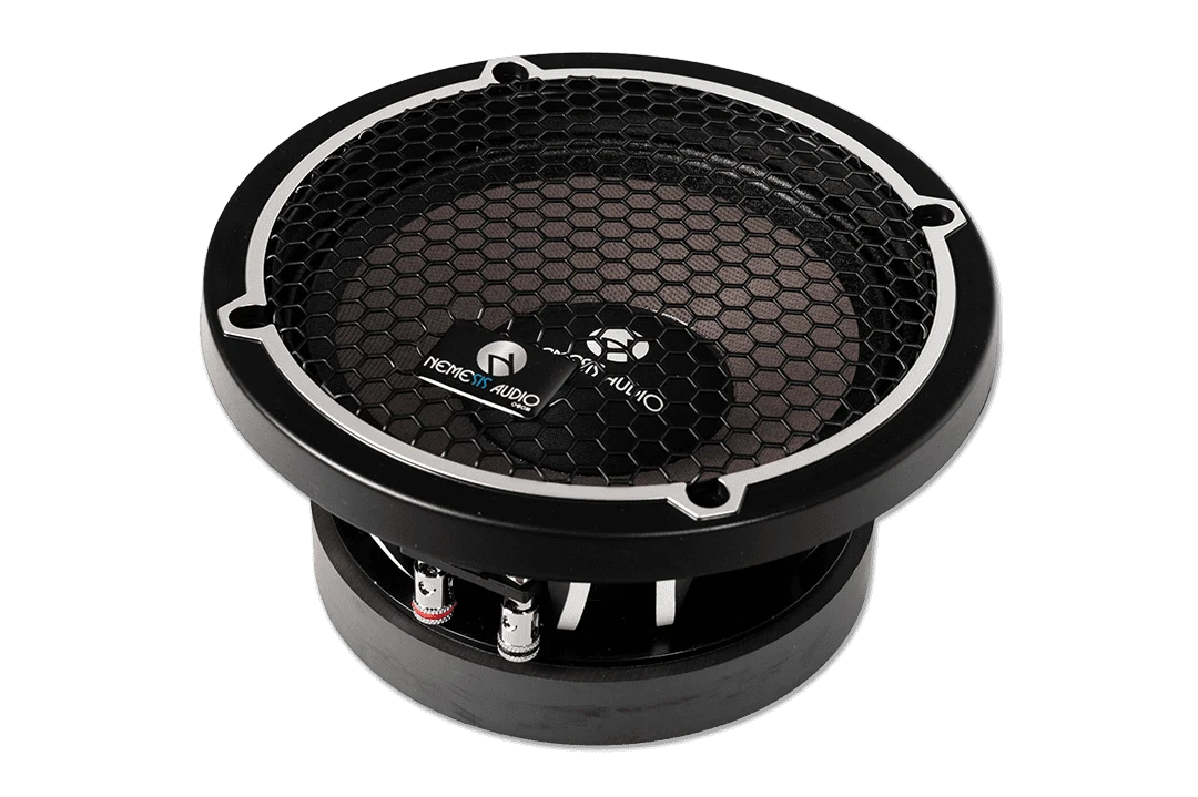 6.5-inch midrange speaker driver with hex mesh grille and visible mounting tabs