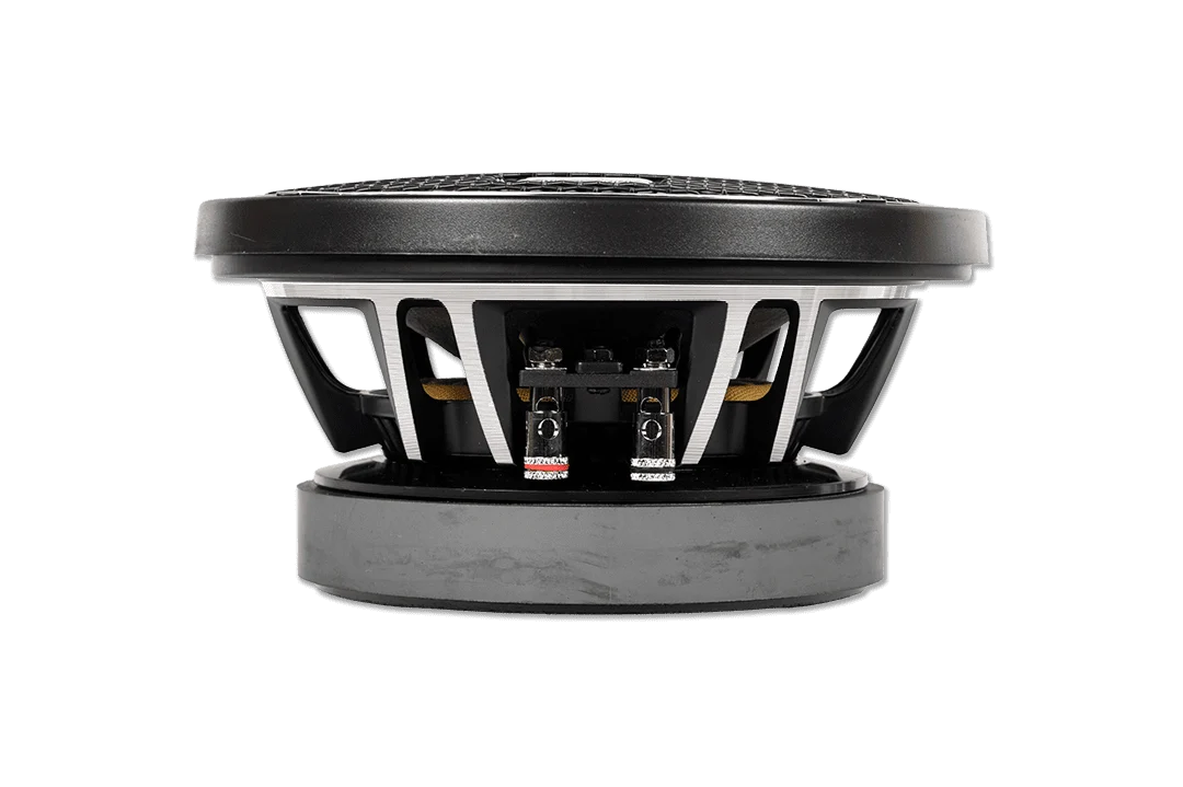 6.5-inch midrange speaker viewed from the side with cone and terminal clips