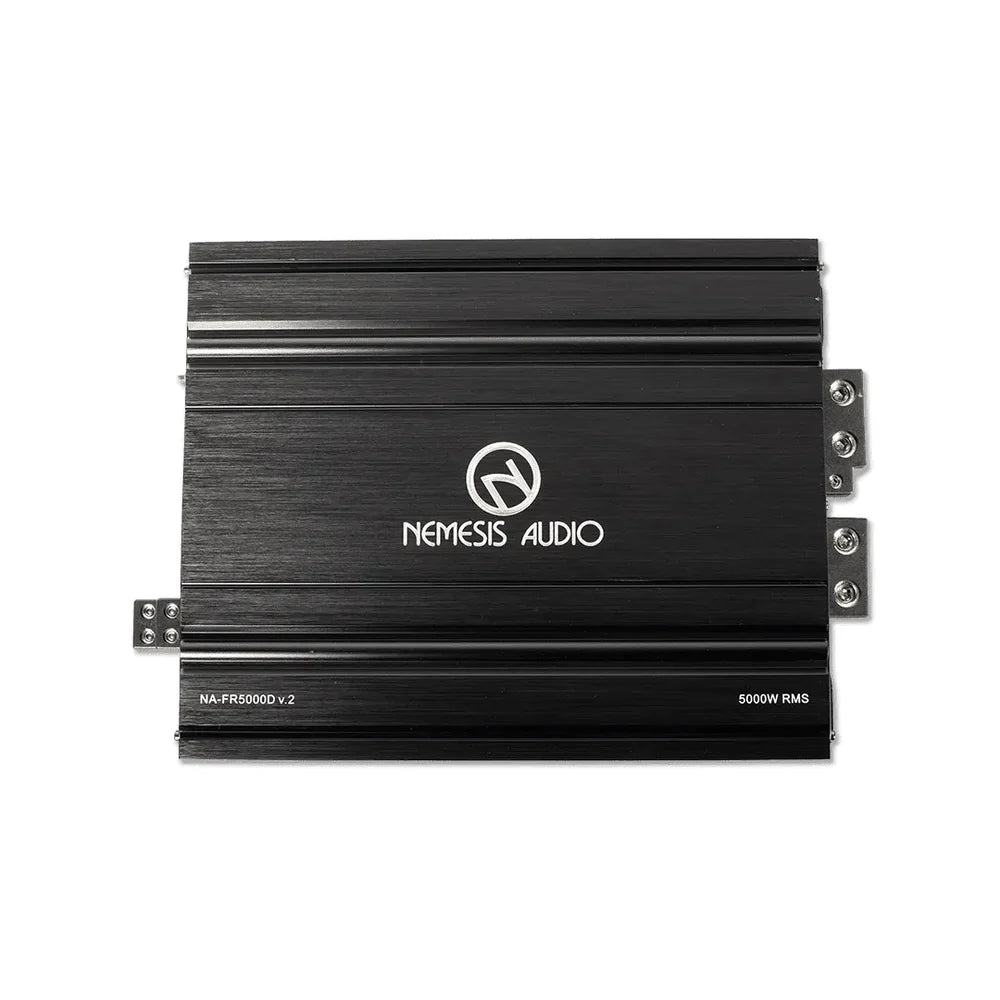 Black car audio amplifier with Nemesis Audio logo and metal heat sink