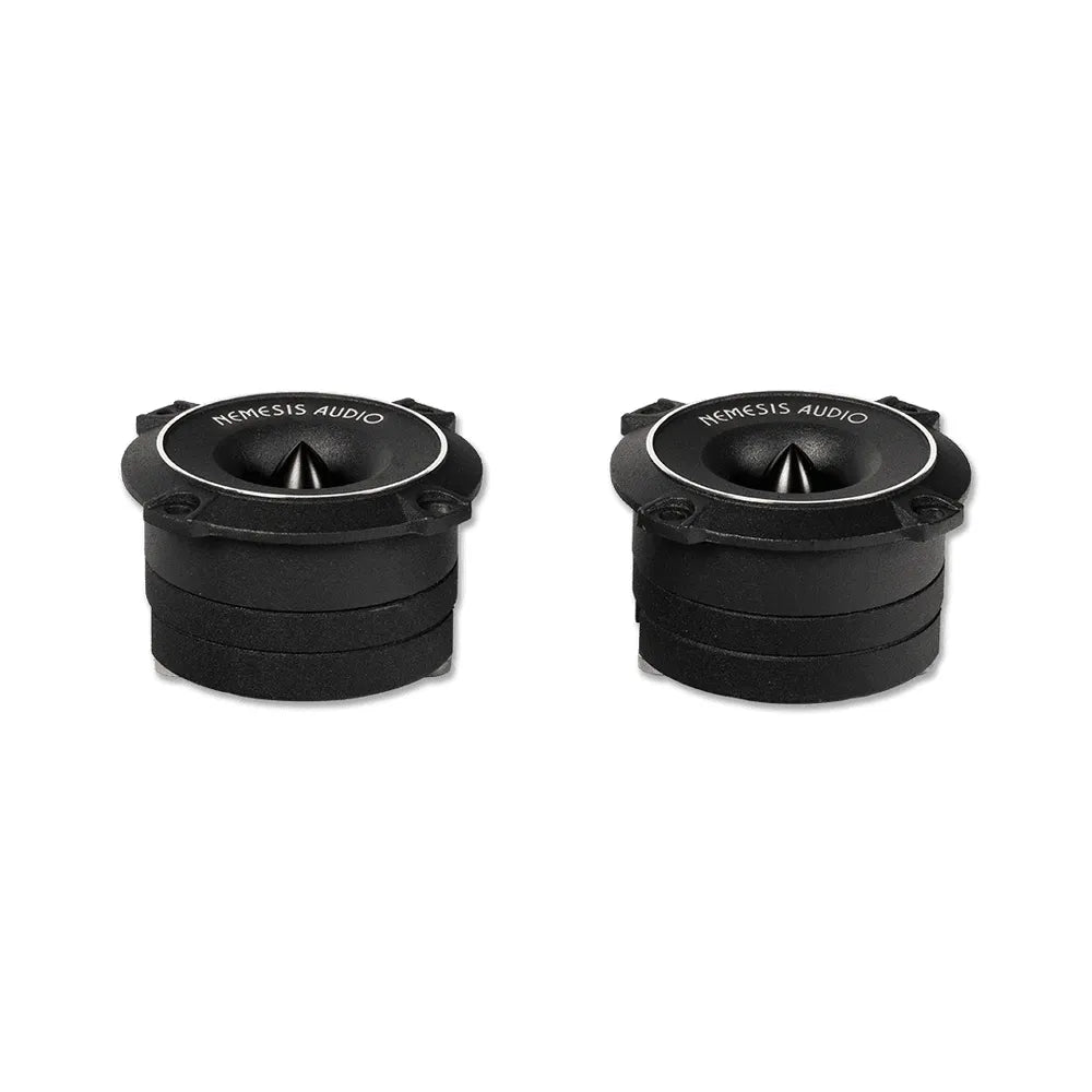 Pair of compact black tweeters with round mounting rings