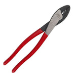 Red insulated wire cutter and crimping tool with metal jaws