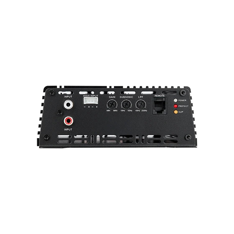 Apocalypse power amplifier control panel with RCA inputs, gain/subsonic knobs, and power