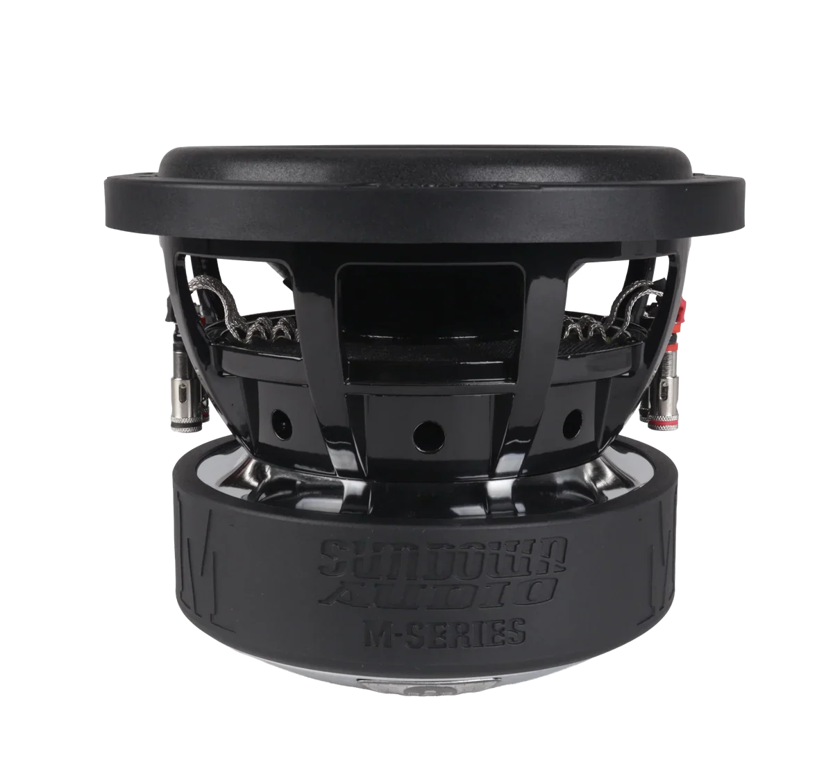 8 in black subwoofer driver rear view with metal frame and terminals
