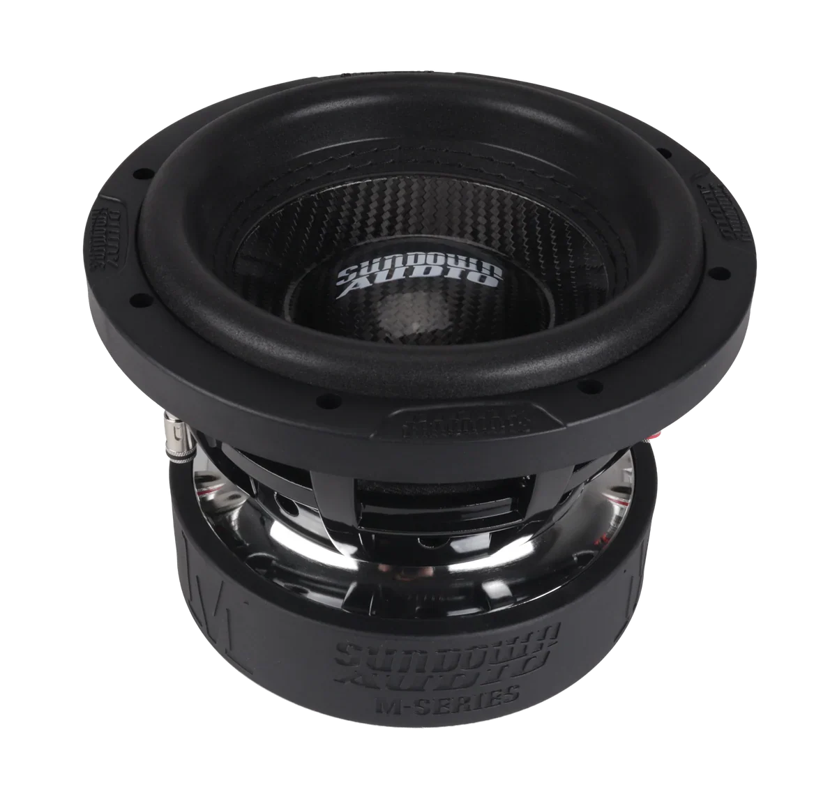 Black subwoofer speaker angled view with metal basket and front grille