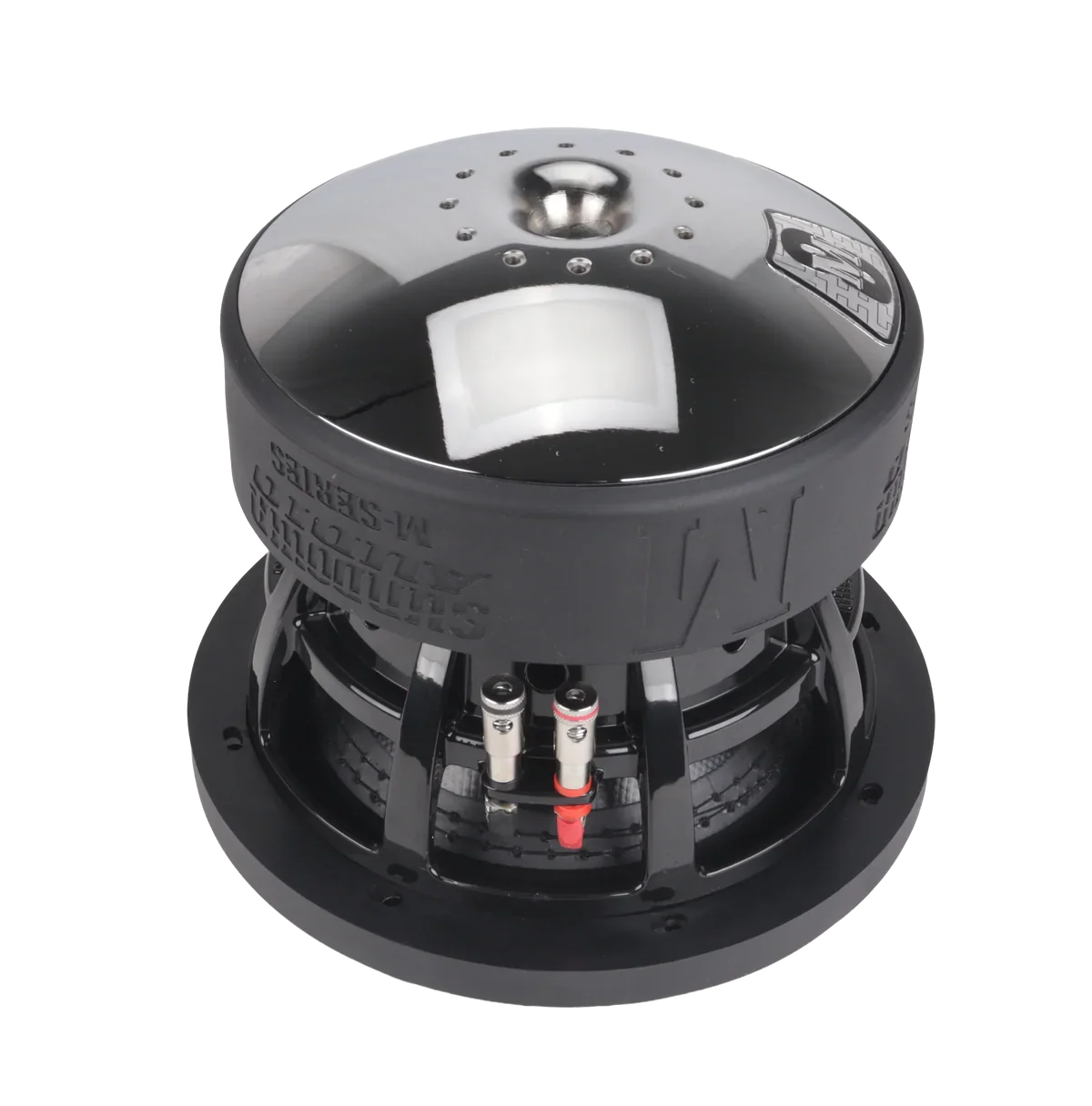 Black subwoofer speaker back view with Sundown Audio label and terminal connectors