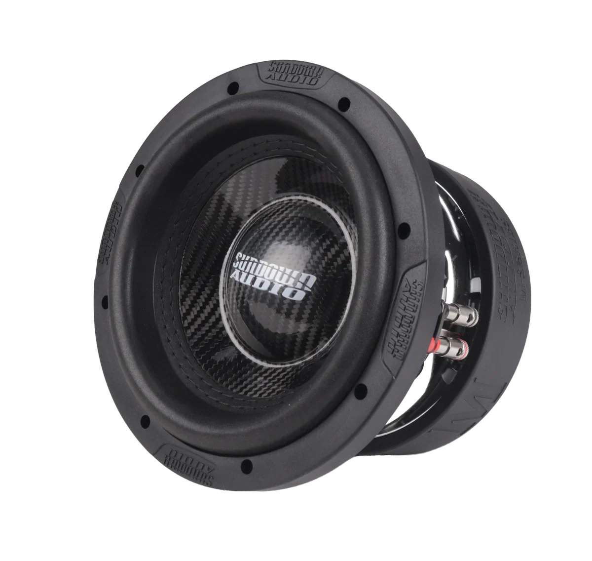 Sundown Audio subwoofer speaker driver with carbon-fiber cone and black frame, angled