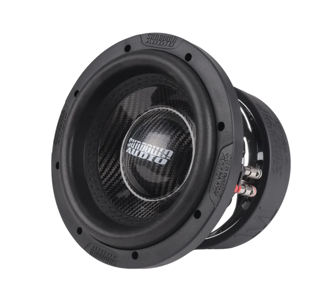 Black 8" Sundown Audio subwoofer driver with carbon-fiber cone and terminals