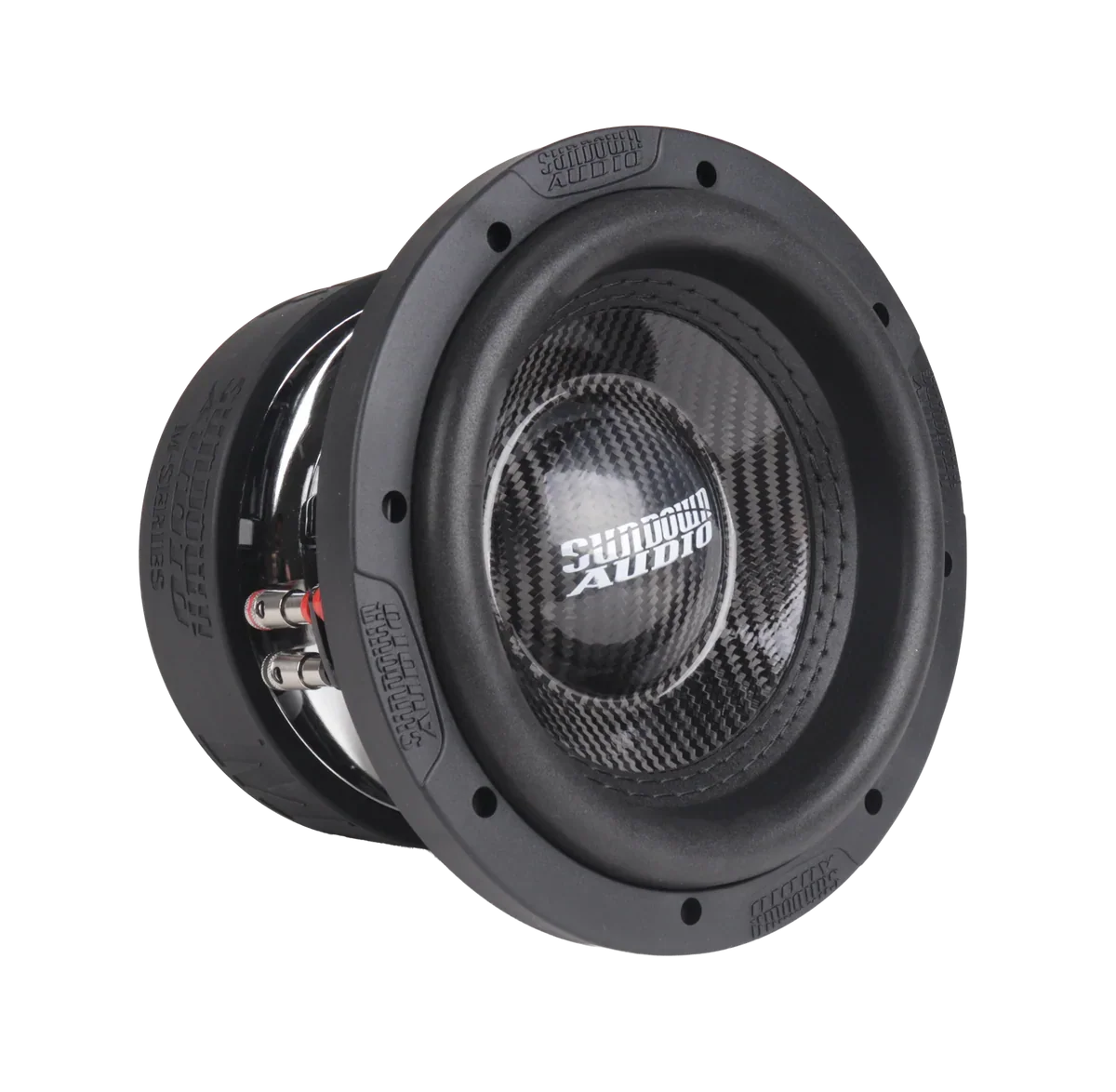 8-inch Sundown Audio subwoofer with black frame and carbon-fiber style center cone