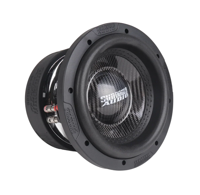 8-inch subwoofer driver with black cone, carbon-fiber dust cap, and mounting screws