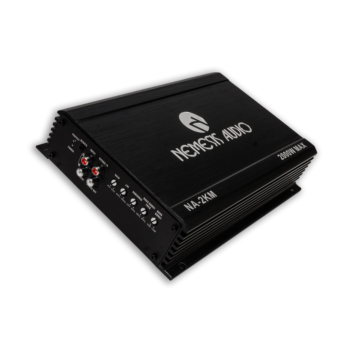 Car audio amplifier NA-2KM top view with input knobs and wiring connections, black