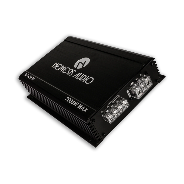 Car audio amplifier NA-2KM with side terminals and controls, black metal housing