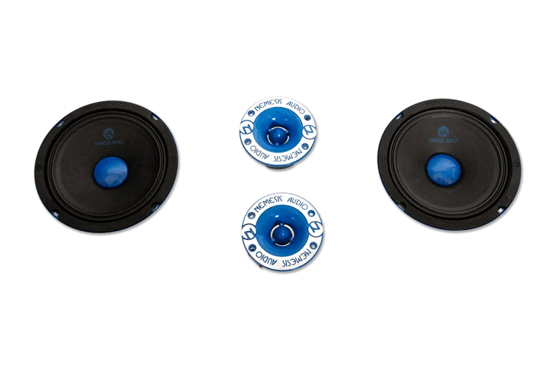 Nemesis Audio midrange speaker pair with black frames and blue center cones
