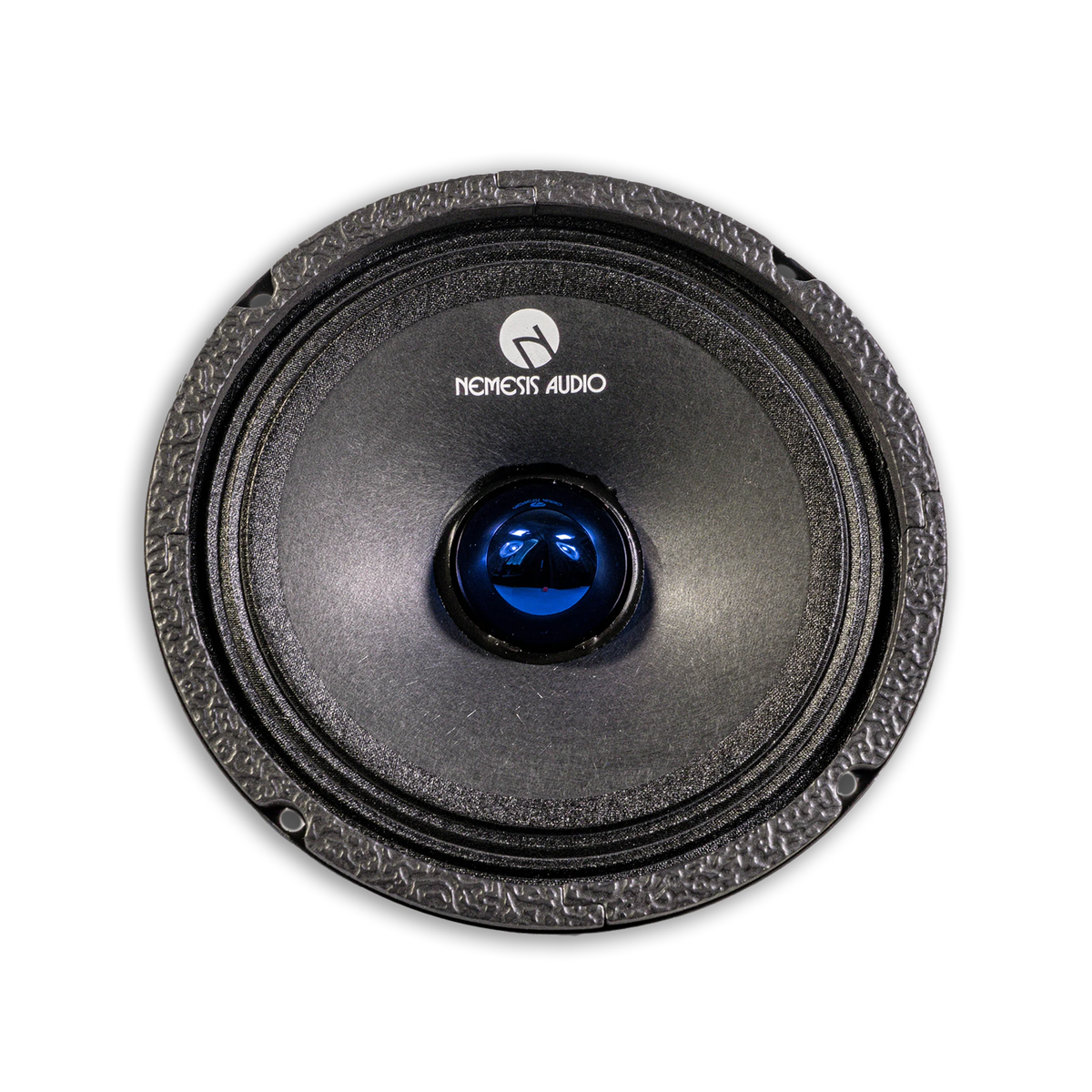 Single car speaker front with blue center cone and circular textured basket