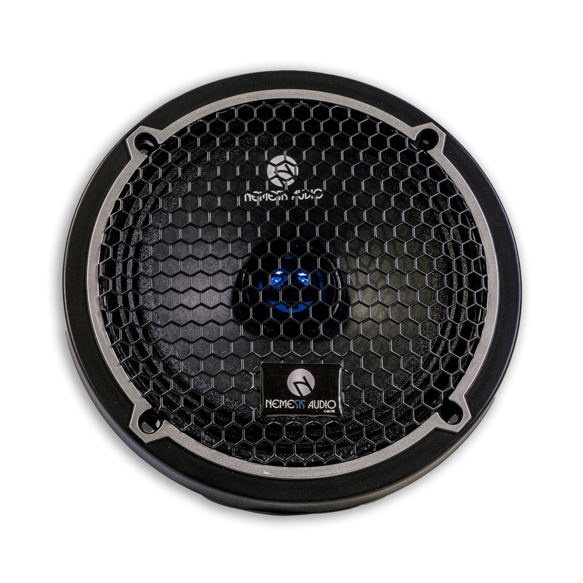 Round speaker grille with hex mesh pattern and blue center detail
