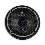 Round speaker grille with hex mesh pattern and blue center detail