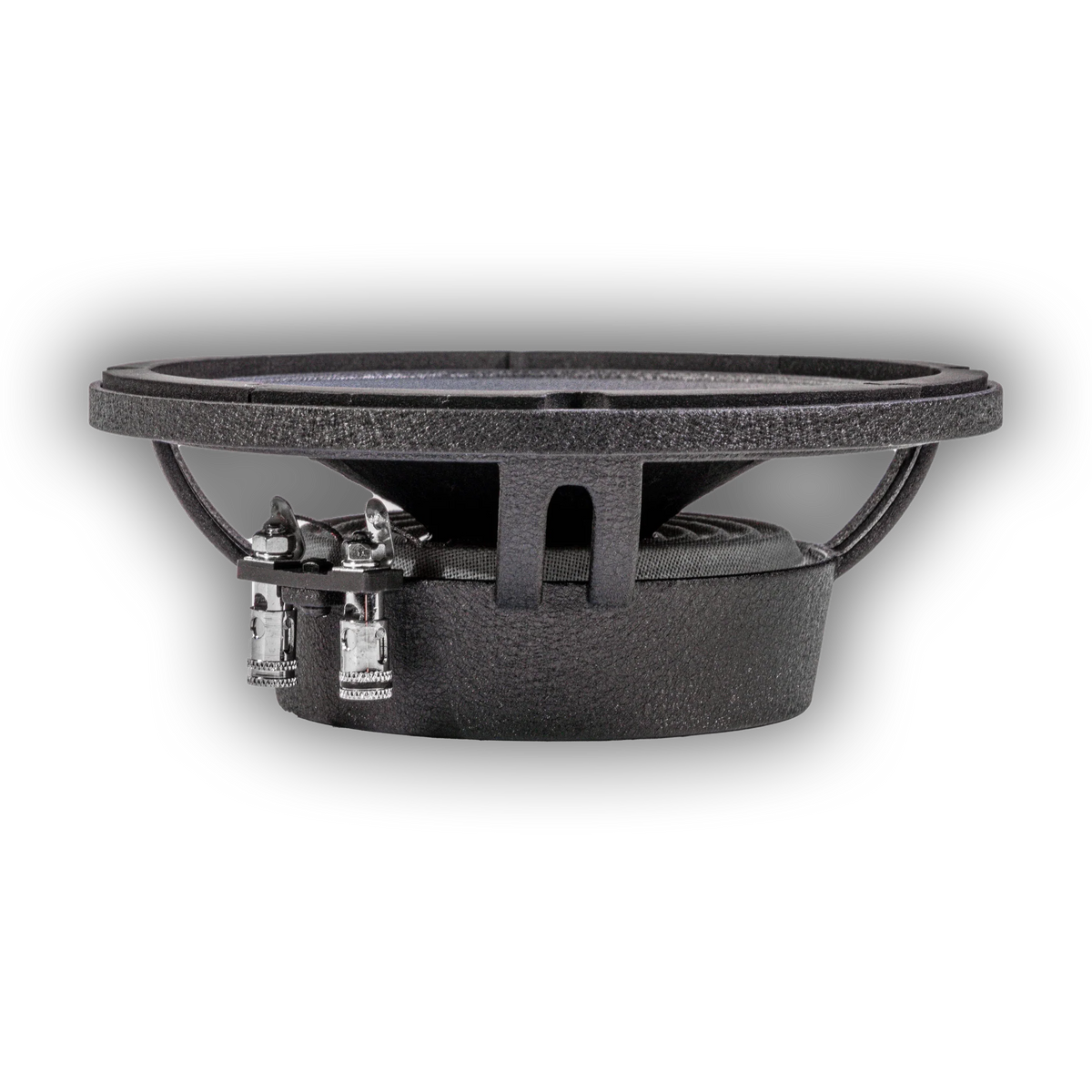 Rear view of a round car speaker with mounting tabs and black housing