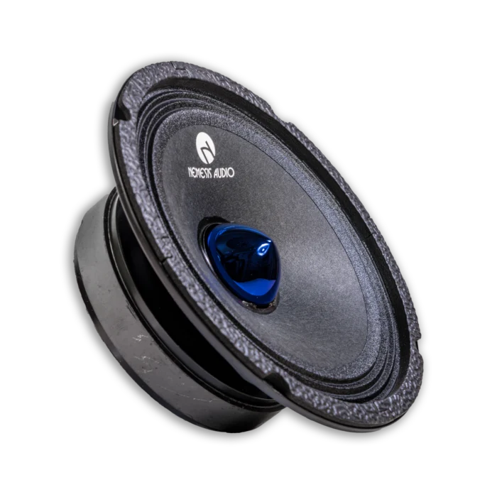 Single round car speaker with textured surround and blue cone in black housing
