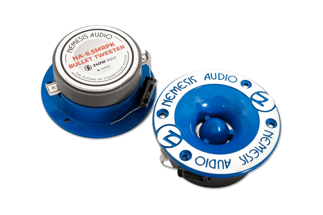Nemesis Audio pro tweeters with blue faceplates and black mounting hardware