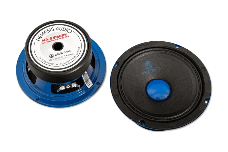 Nemesis Audio speaker pair rear views with blue mounting rings and labels
