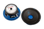 Nemesis Audio speaker pair rear views with blue mounting rings and labels