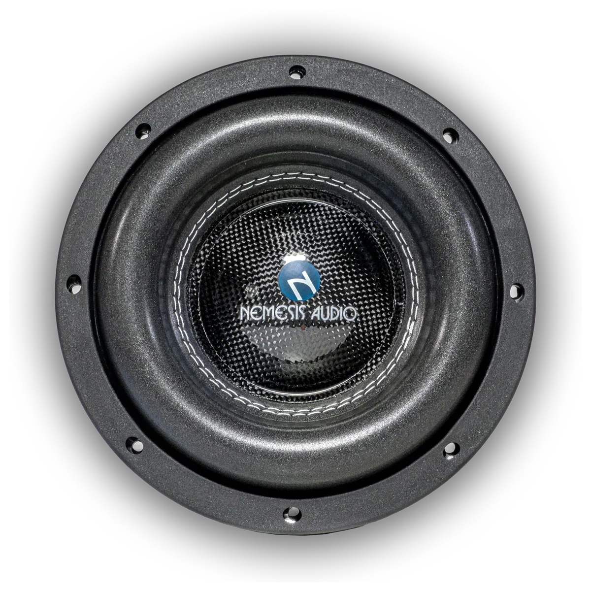 8-inch subwoofer driver front view with textured cone and dust cap emblem