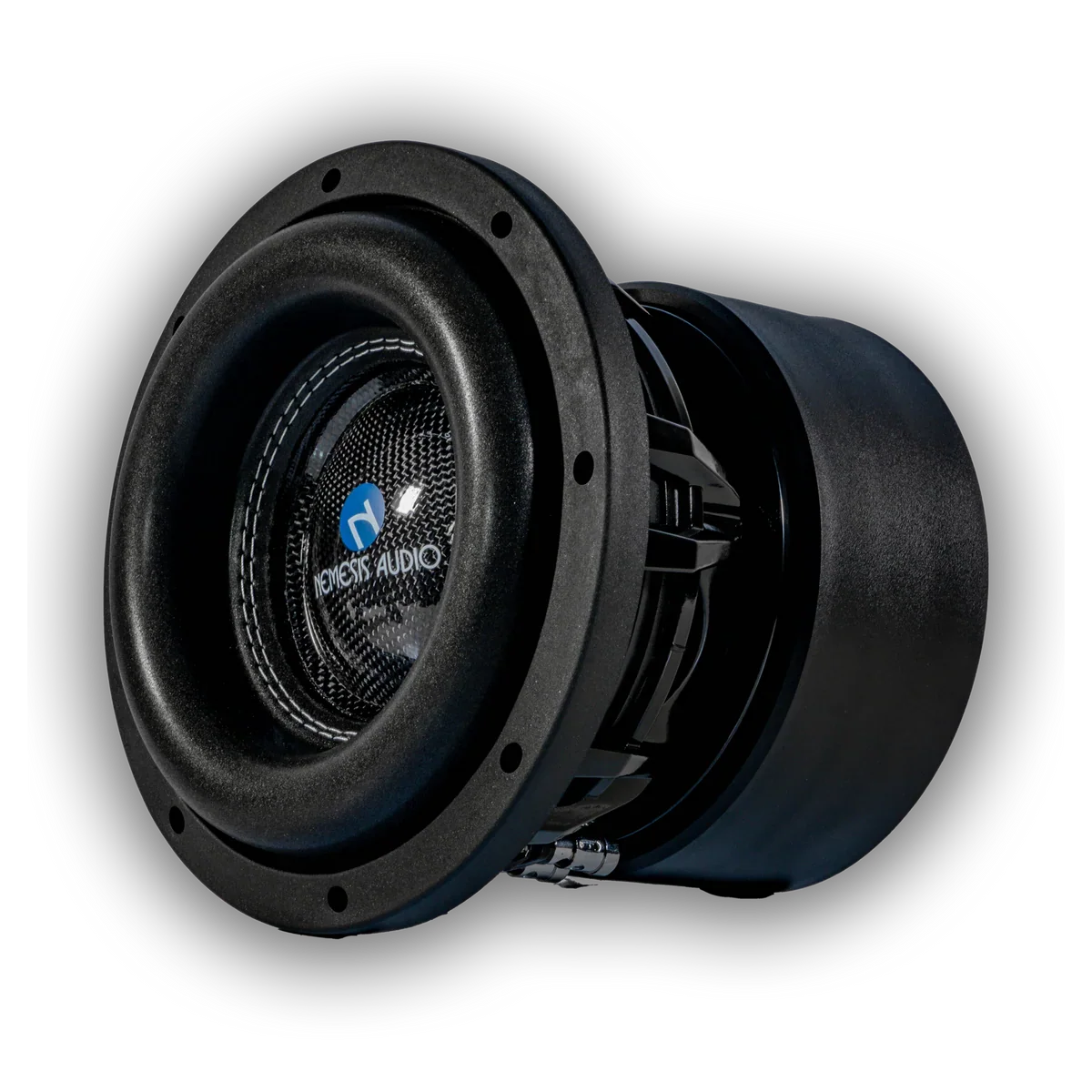 Single 8-inch subwoofer driver with black cone and dust cap, close-up angle