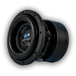 Single 8-inch subwoofer driver with black cone and dust cap, close-up angle