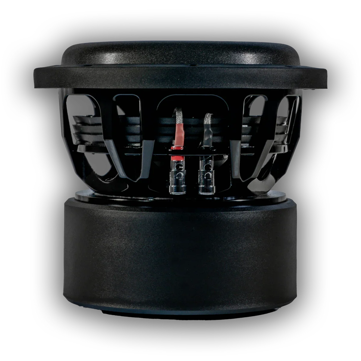 8-inch subwoofer driver showing rear magnet assembly and exposed wiring terminals