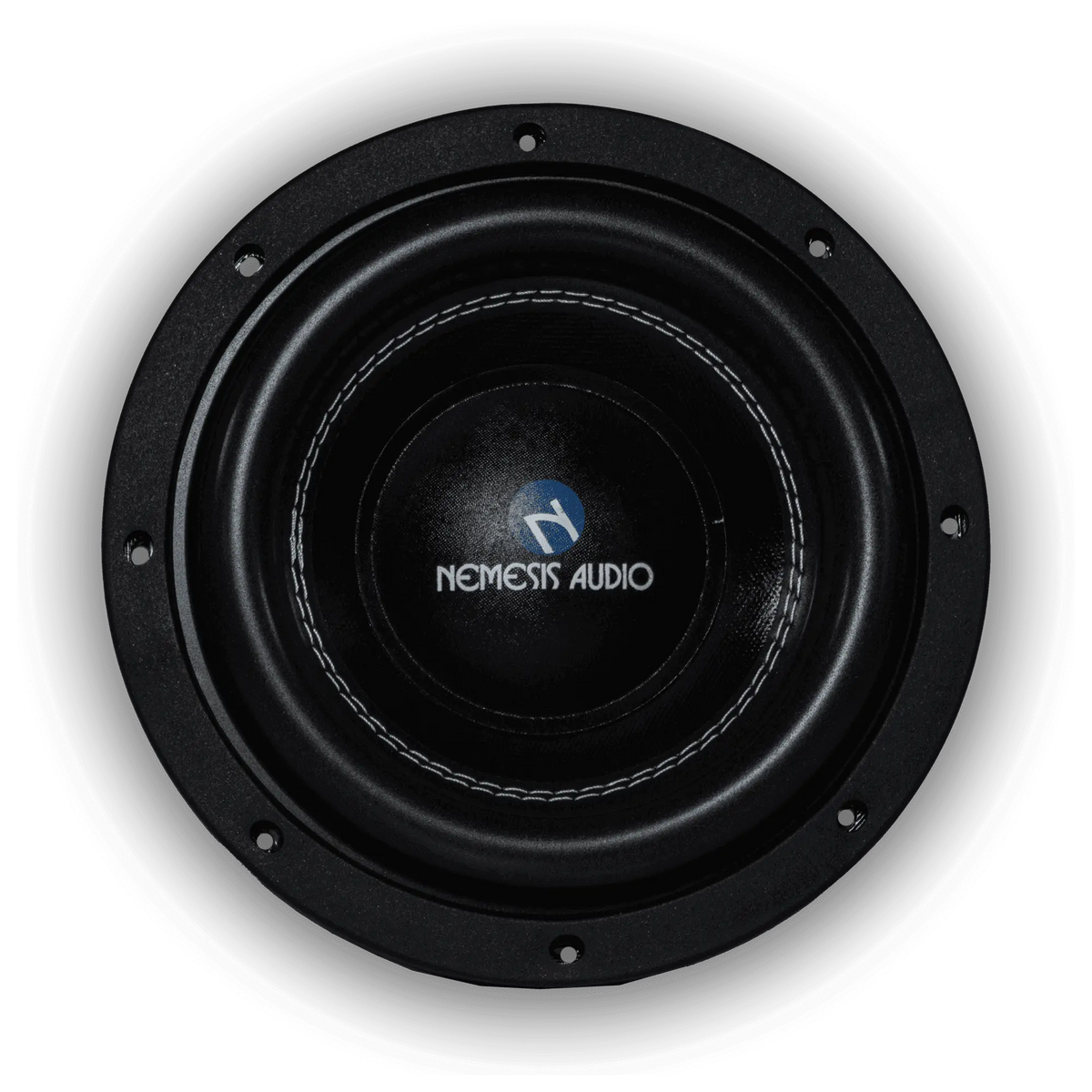 Black subwoofer with centered Nemesis Audio logo and stitched surround