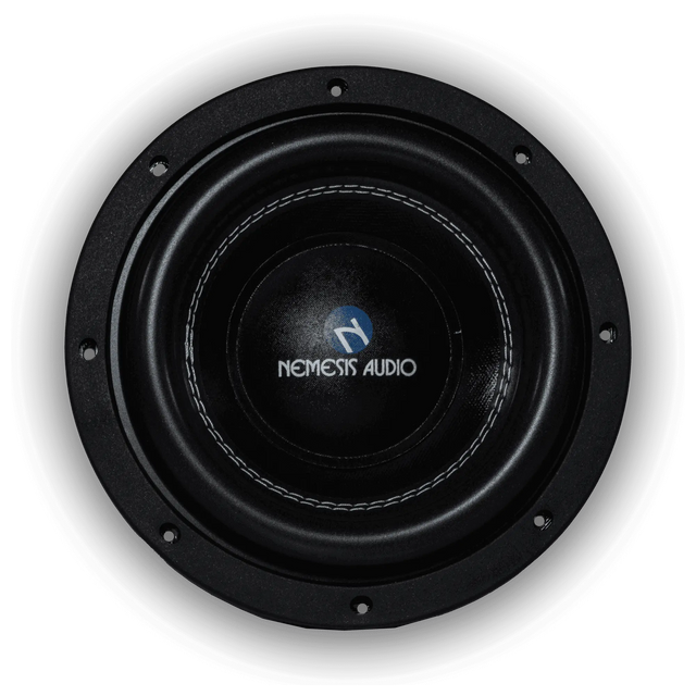Black subwoofer with centered Nemesis Audio logo and stitched surround