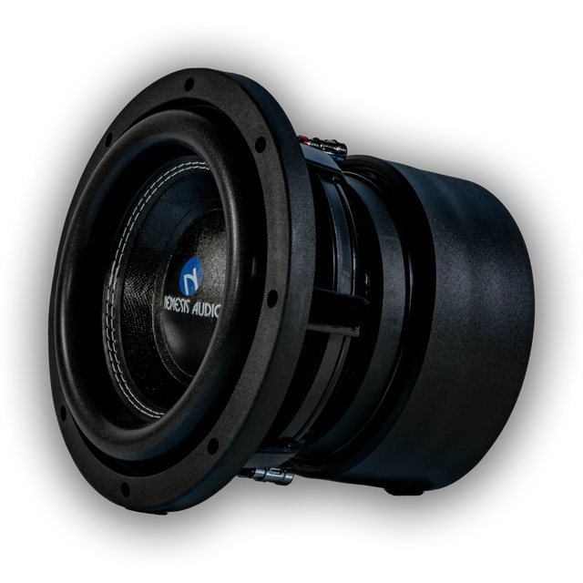 Black 8-inch subwoofer driver with Nemesis Audio logo and metal speaker frame