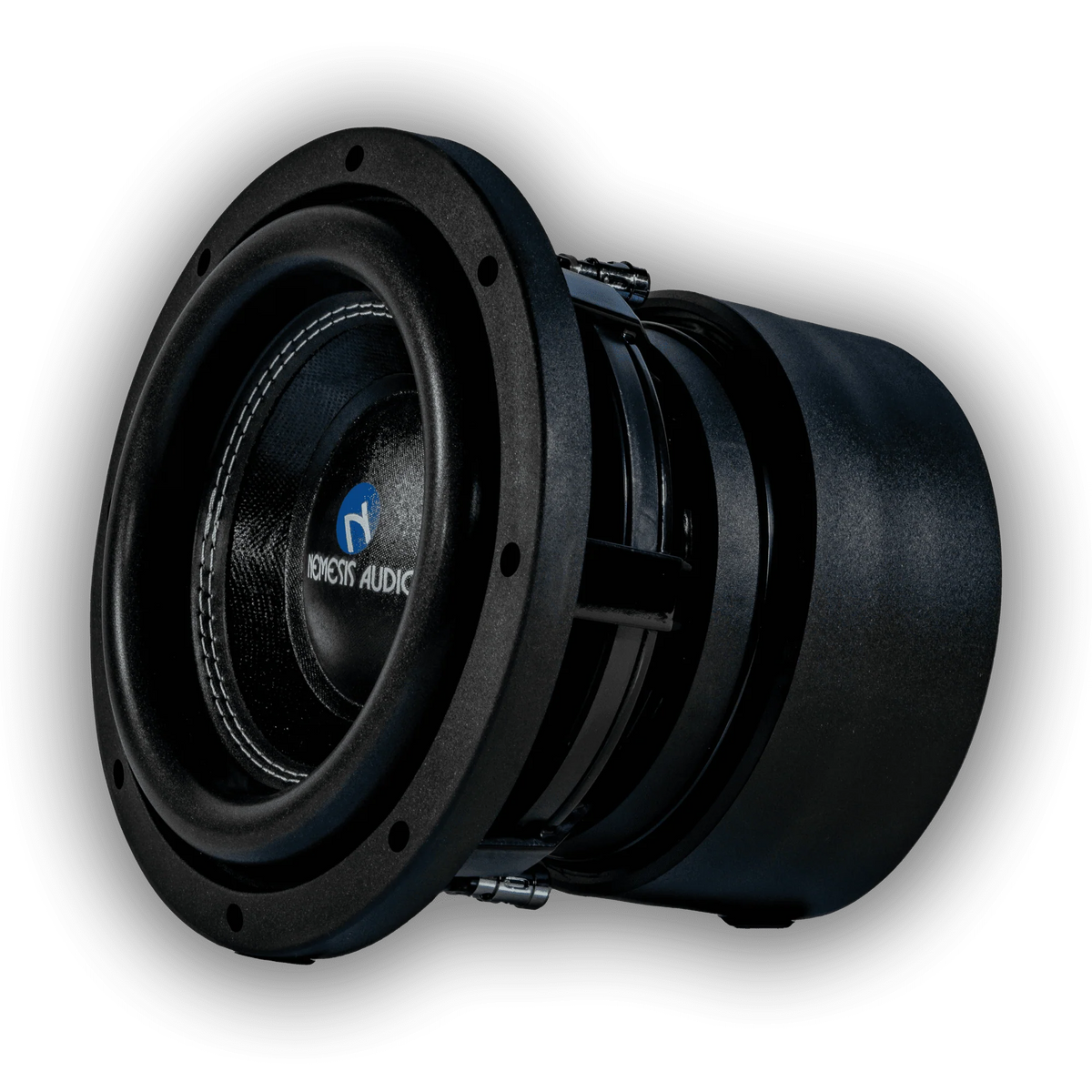 Black subwoofer woofer with mounting ring and visible motor housing