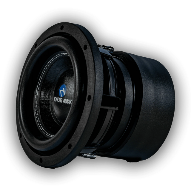 Nemesis Audio 8-inch subwoofer driver with black cone and exposed magnet assembly