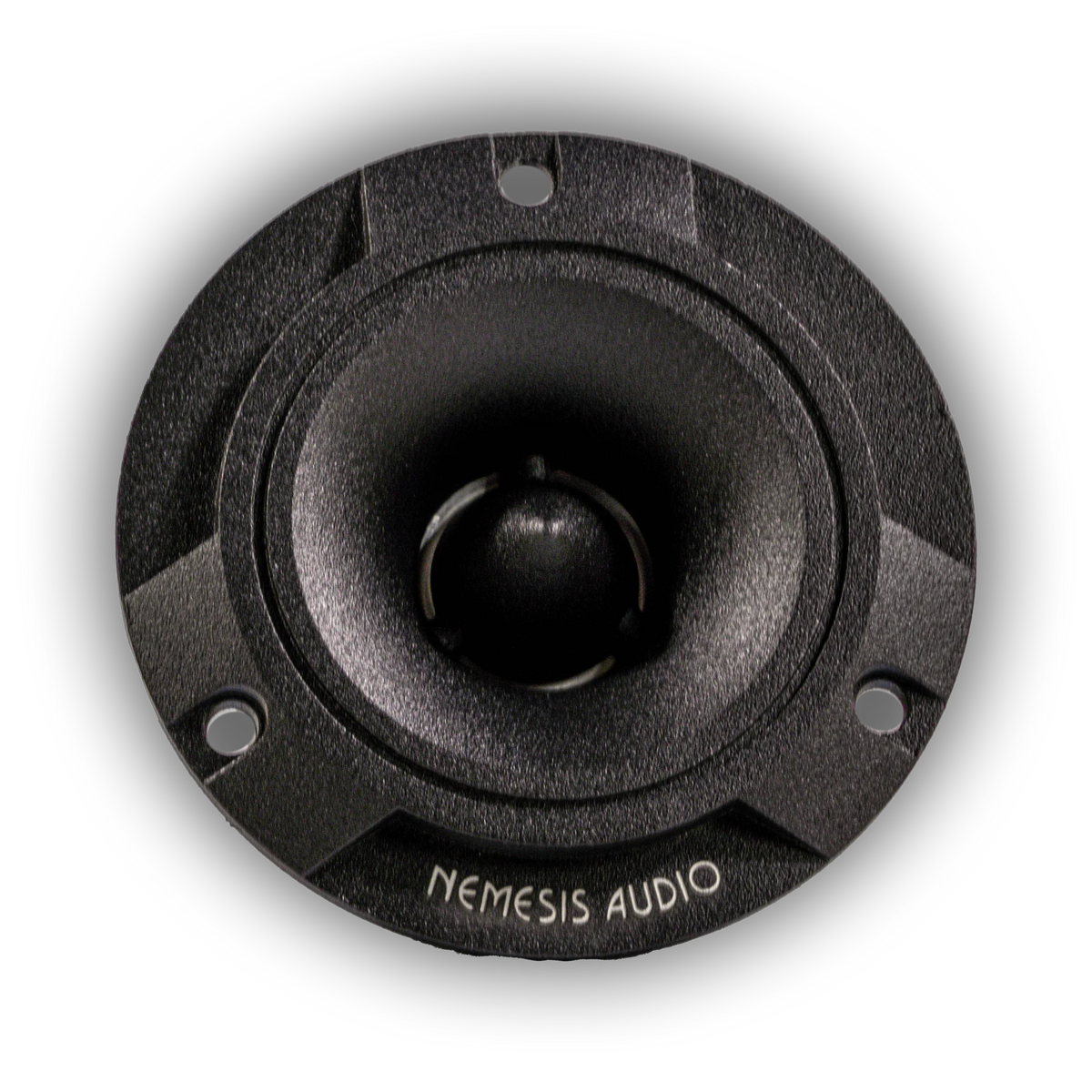 Black tweeter driver front with Nemesis Audio badge and black dome