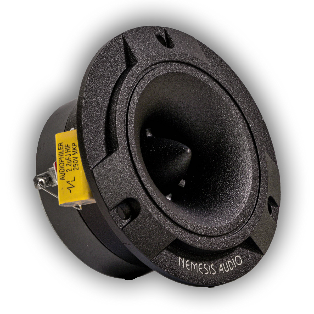 Black tweeter driver with Nemesis Audio label and mounting bracket