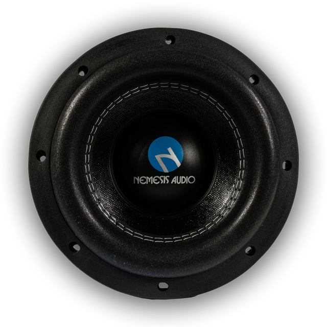 8-inch subwoofer driver with black cone and Nemesis Audio logo on dust cap