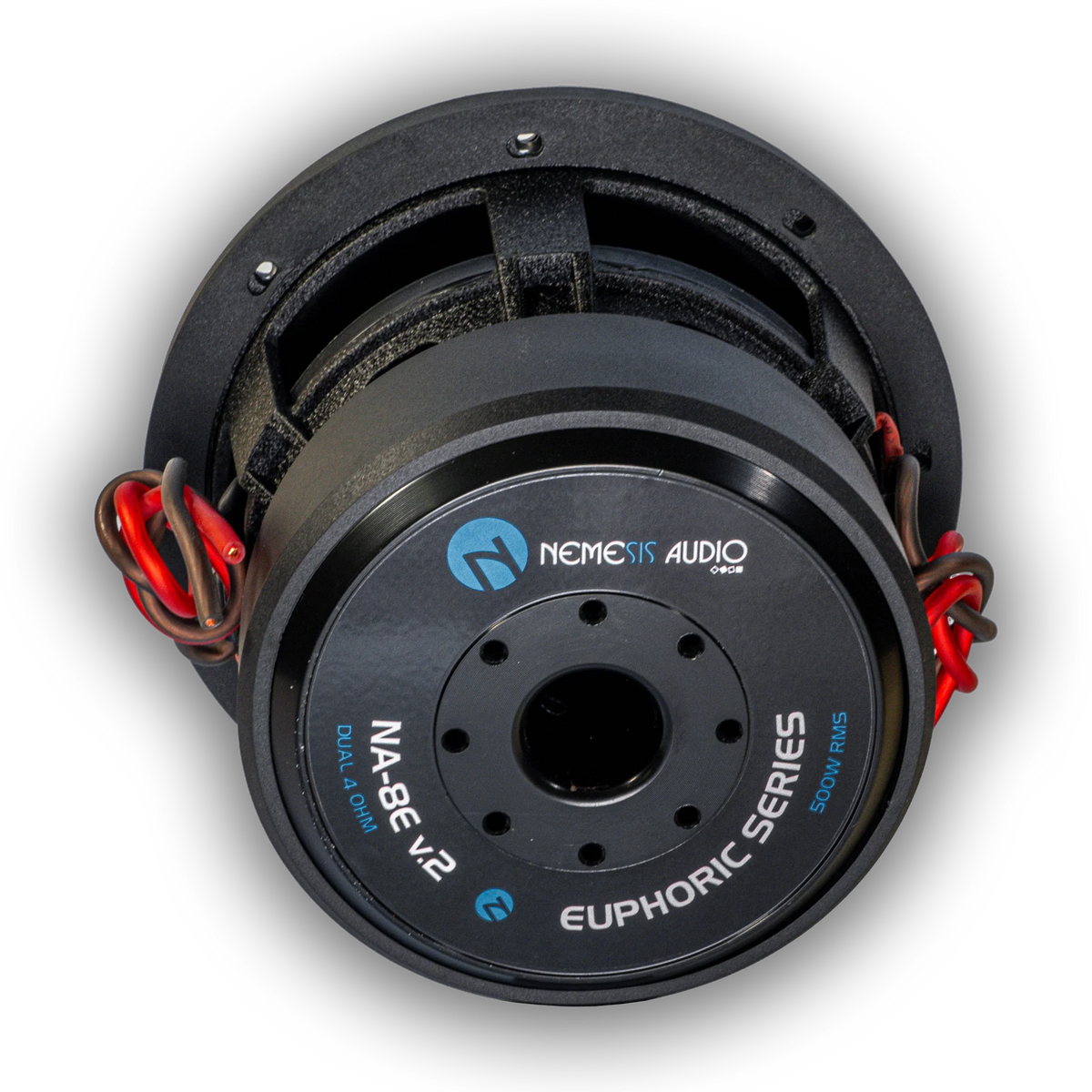 Black subwoofer driver with red wire leads and Nemesis Audio label