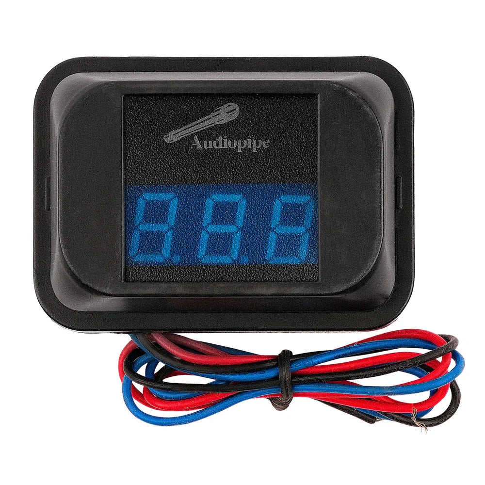 Audiopipe digital voltage meter with blue LCD display and bundled red, blue, and black wires