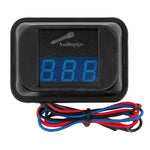 Audiopipe digital voltage meter with blue LCD display and bundled red, blue, and black wires