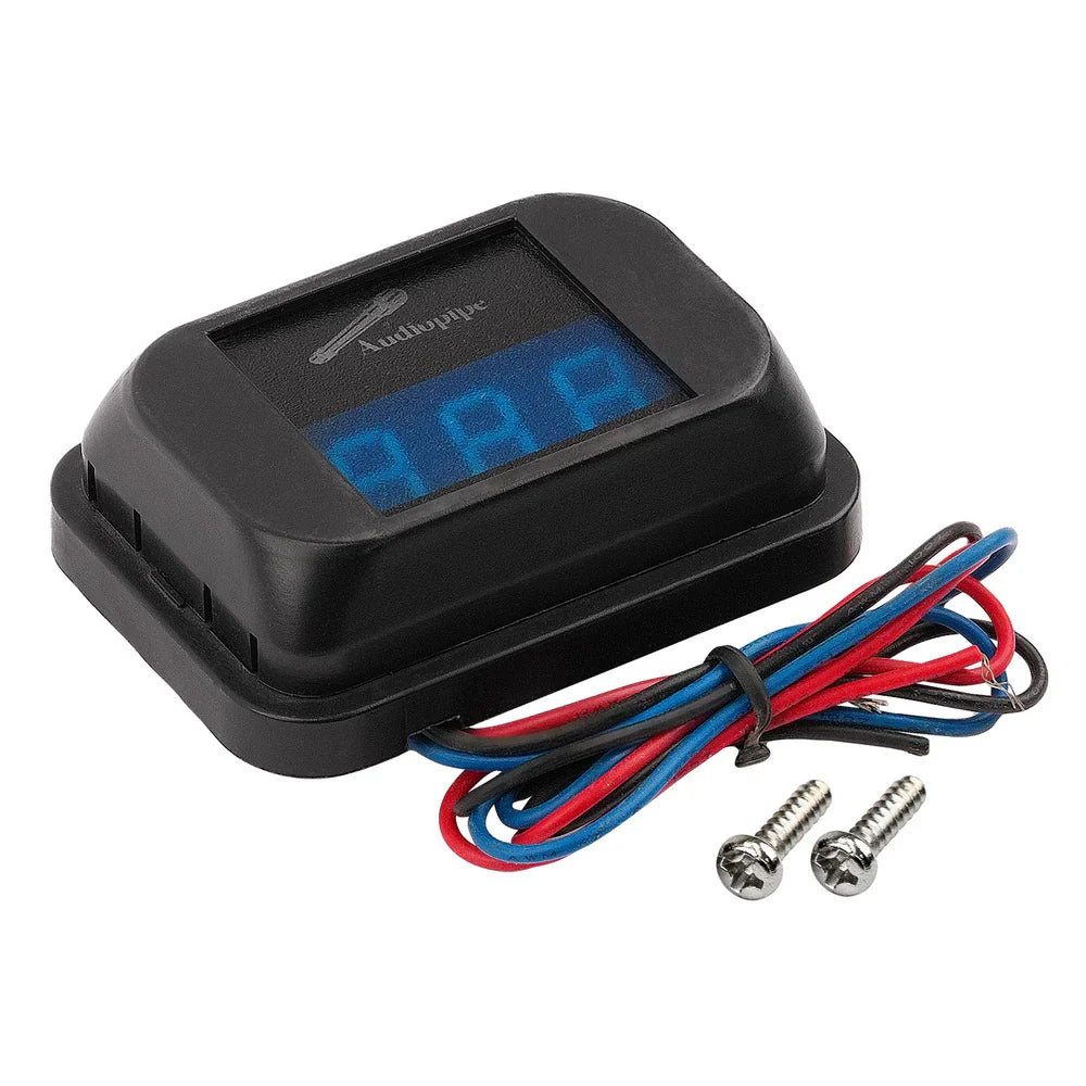 Audiopipe digital voltage meter with blue LCD, multicolor wires, and included mounting screws